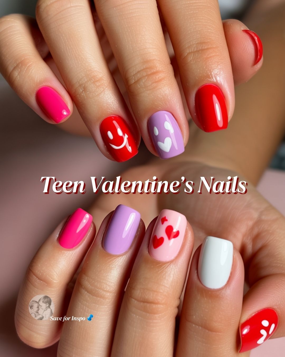 Colorful Valentine’s Day nail designs for teens with hearts and bright shades