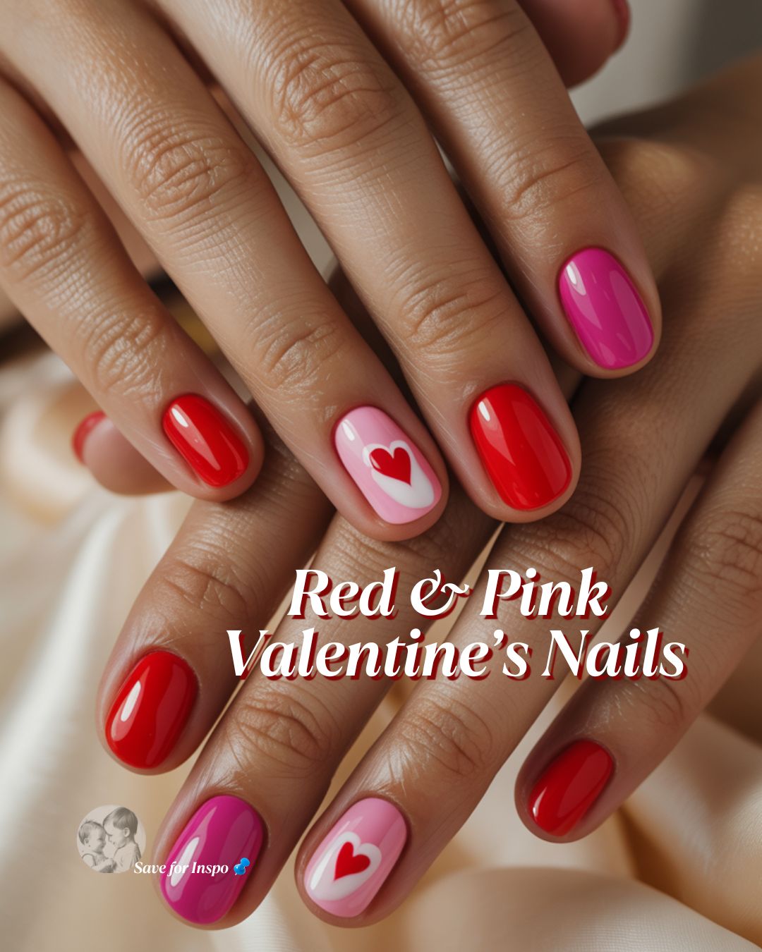 Close-up of hands showing Valentine’s Day nails with glossy red and pink polish, featuring heart accent designs on a soft pink base.