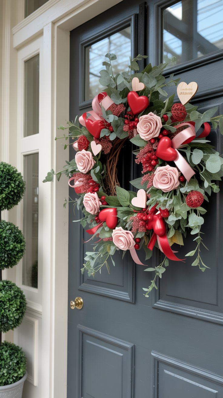 Valentine’s Day front door wreath with heart accents and festive red and pink colors florals mixed in with the greens