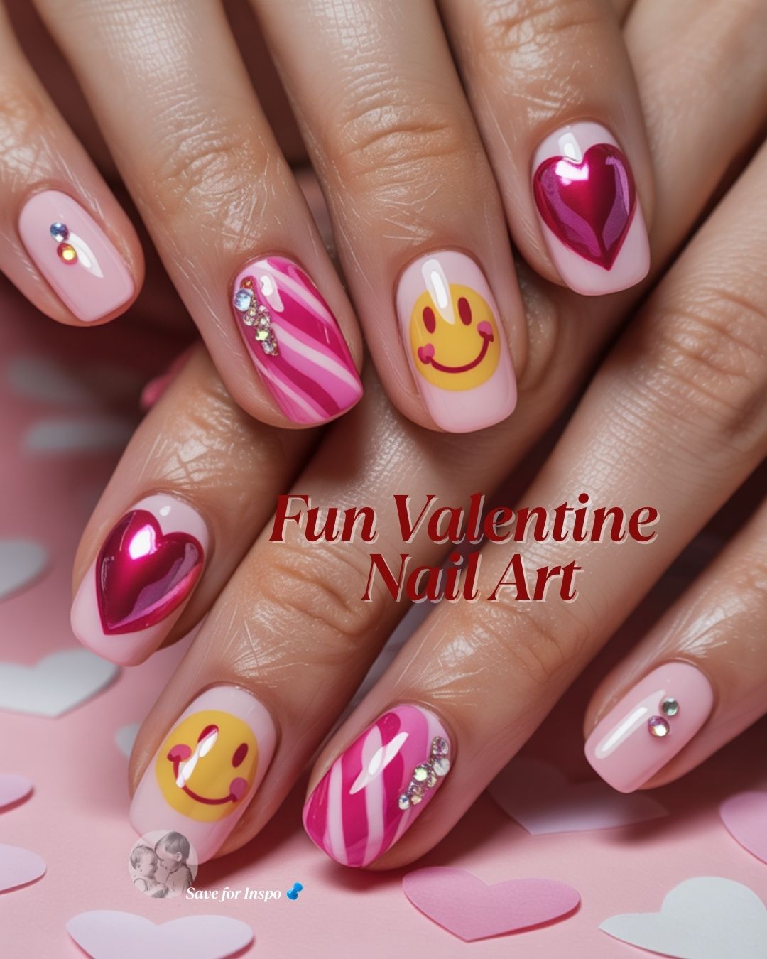 Close-up of hands showing fun Valentine’s Day nail art with pink polish, metallic heart accents, smiley face designs, rhinestones, and striped nail patterns on a soft pink heart-themed background.