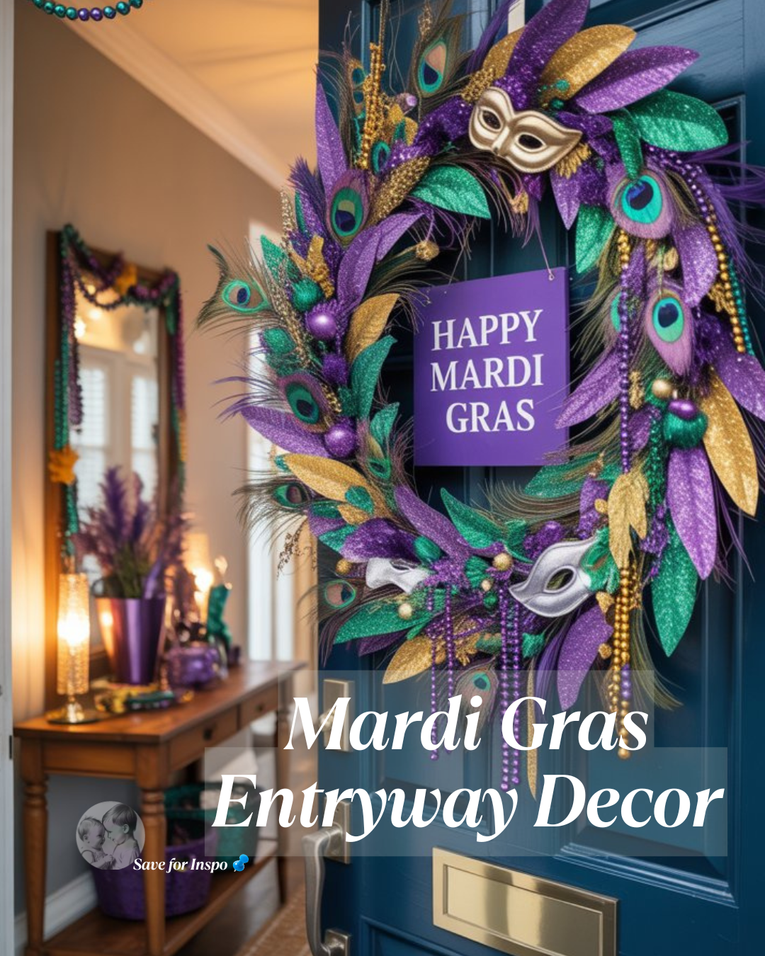 Mardi Gras entryway decor featuring a purple, green, and gold wreath with feathers, bead garlands, and mask accents hanging on a blue front door