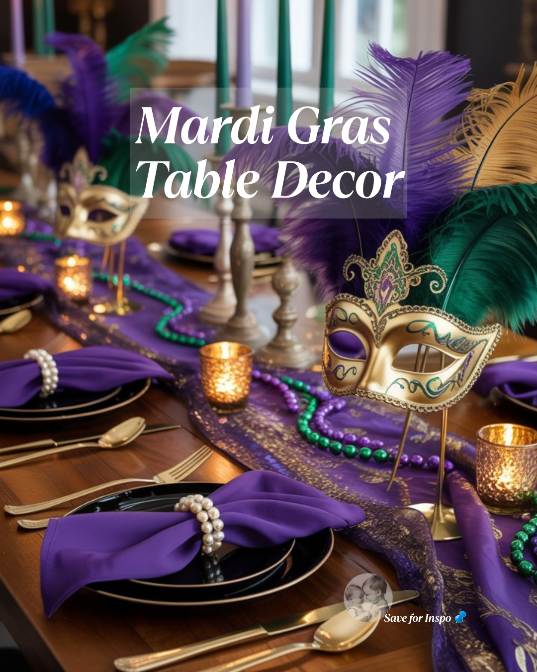 Mardi Gras table decor centerpiece featuring gold and purple masks, feather accents, candlelight, bead garlands, and elegant place settings