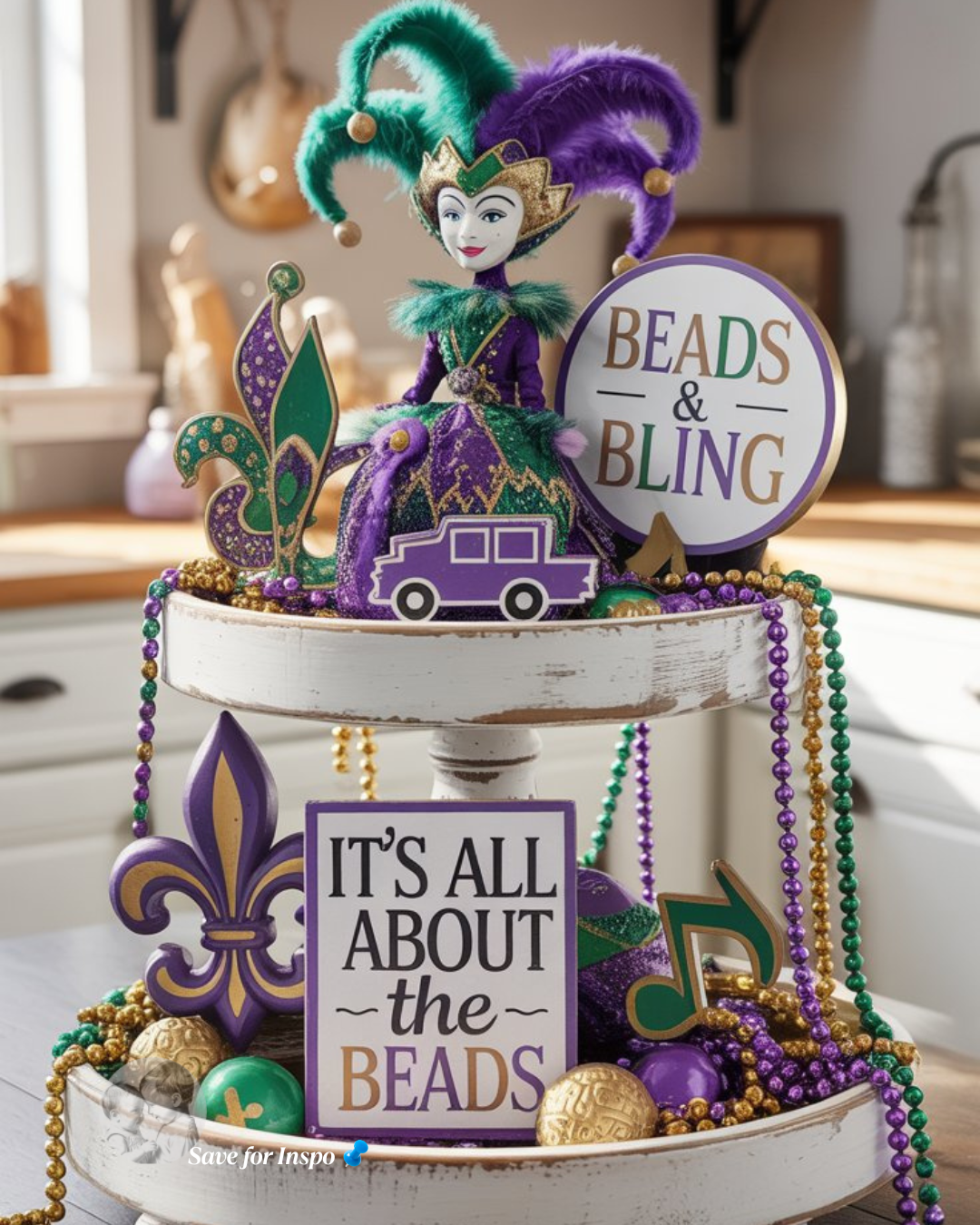 Mardi Gras tiered tray decor featuring bead garlands, festive signs, purple and green accents, and themed decorations styled on a kitchen counter