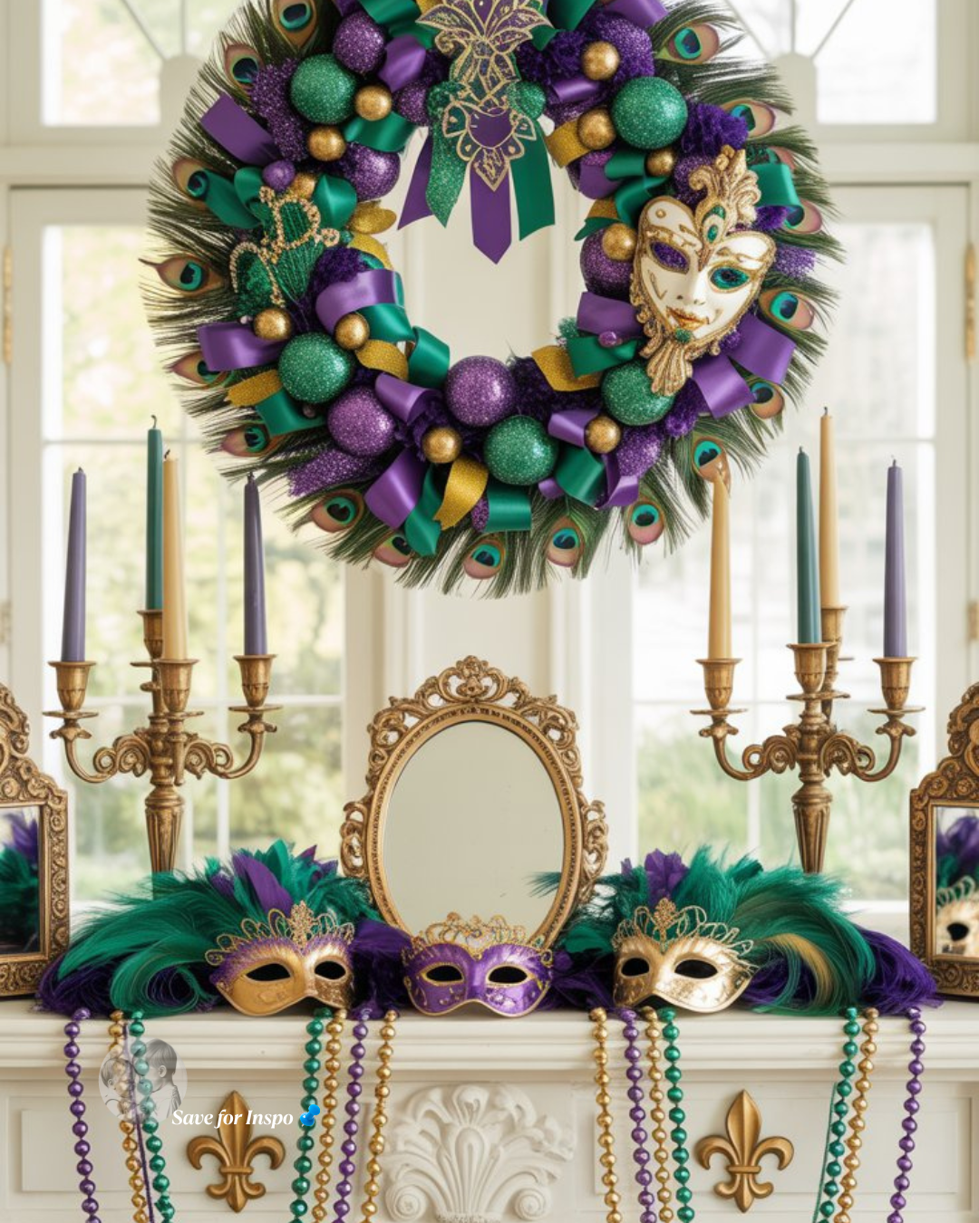 Mardi Gras mantel decor featuring decorative masks, bead garlands, candles, and purple, green, and gold accents styled on a shelf above a fireplace.