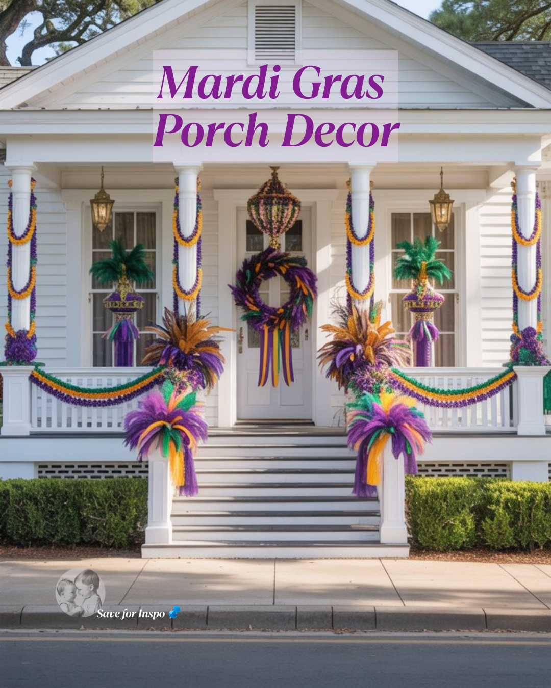 Mardi Gras porch decor featuring bead garlands, colorful wreaths, feather accents, and purple, green, and gold decorations on a front porch