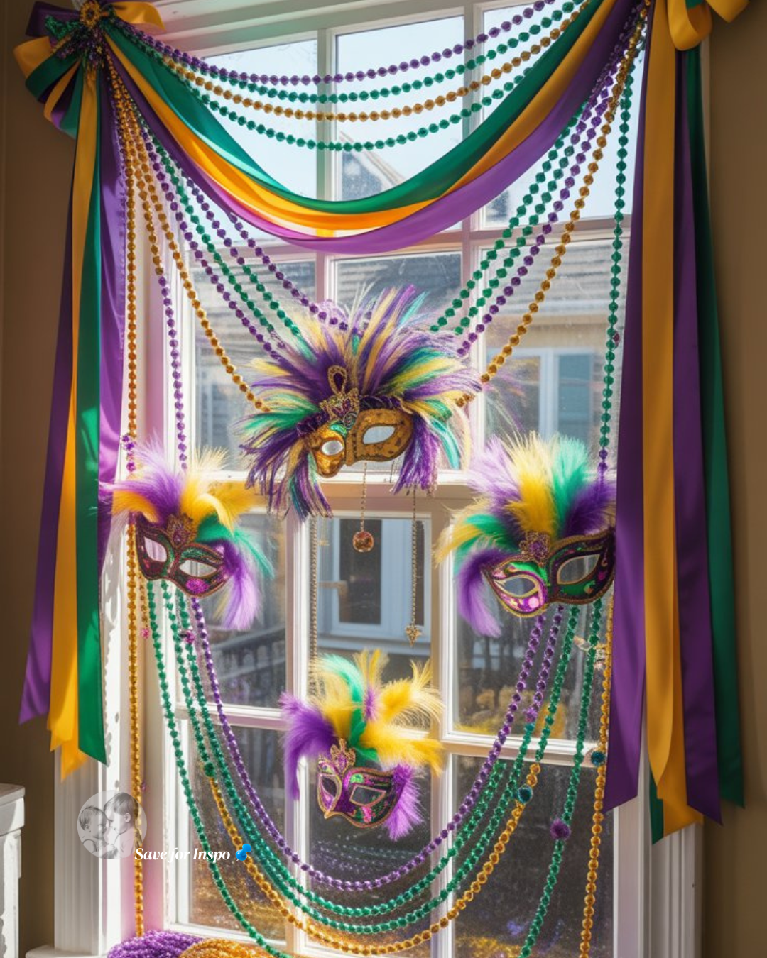 Mardi Gras window decor featuring draped bead garlands, ribbon accents, and colorful feathered masks hanging across a bright window
