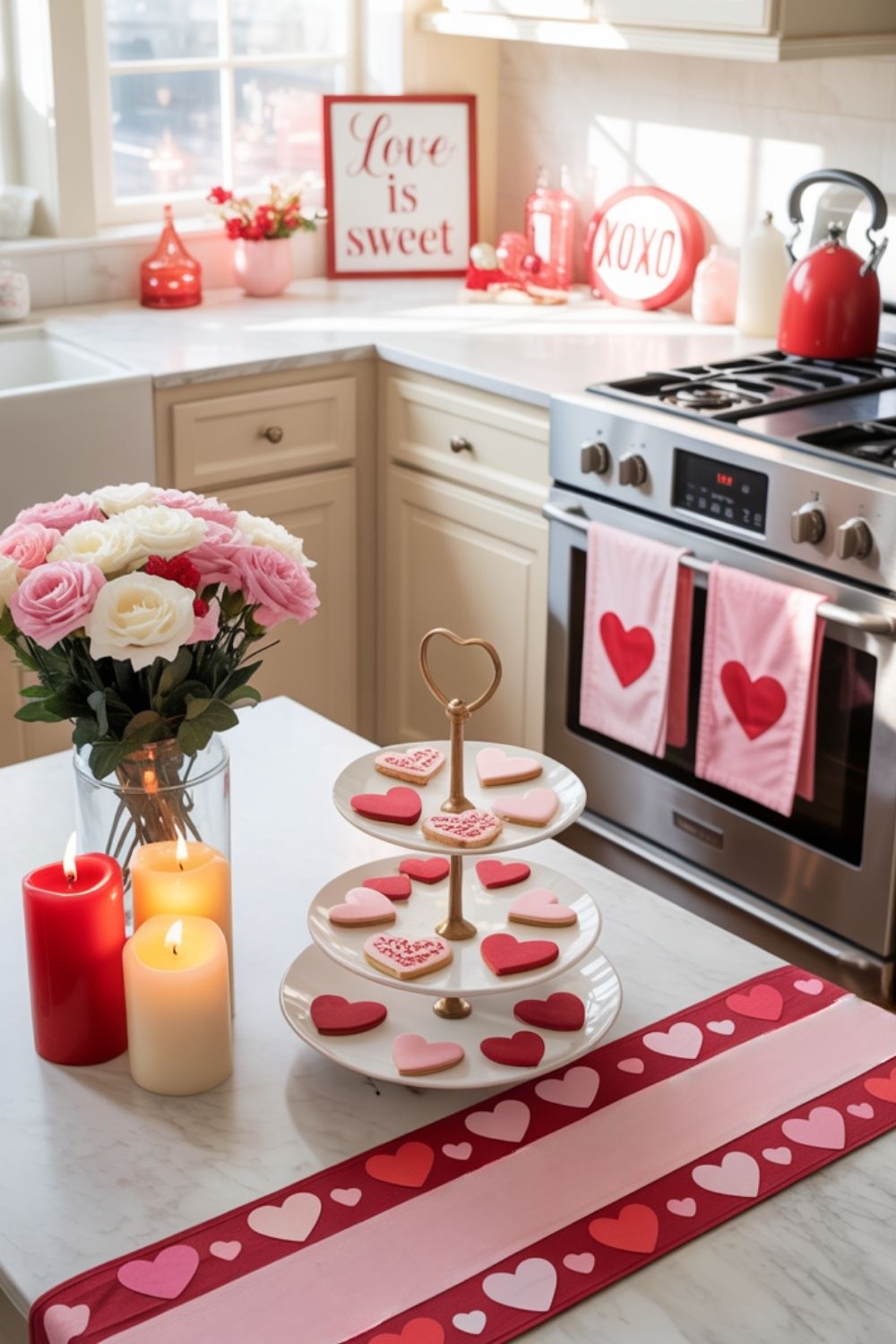Valentine’s Day kitchen decor featuring festive towels, countertop signs, and red and pink accents