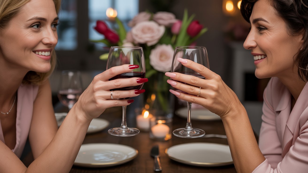 Two women in their mid-40s sitting across from each other at a dining table, holding wine glasses and chatting, with Valentine’s Day Nails manicured in red and pink tones, flowers and candles on the table creating a warm, romantic atmosphere.
