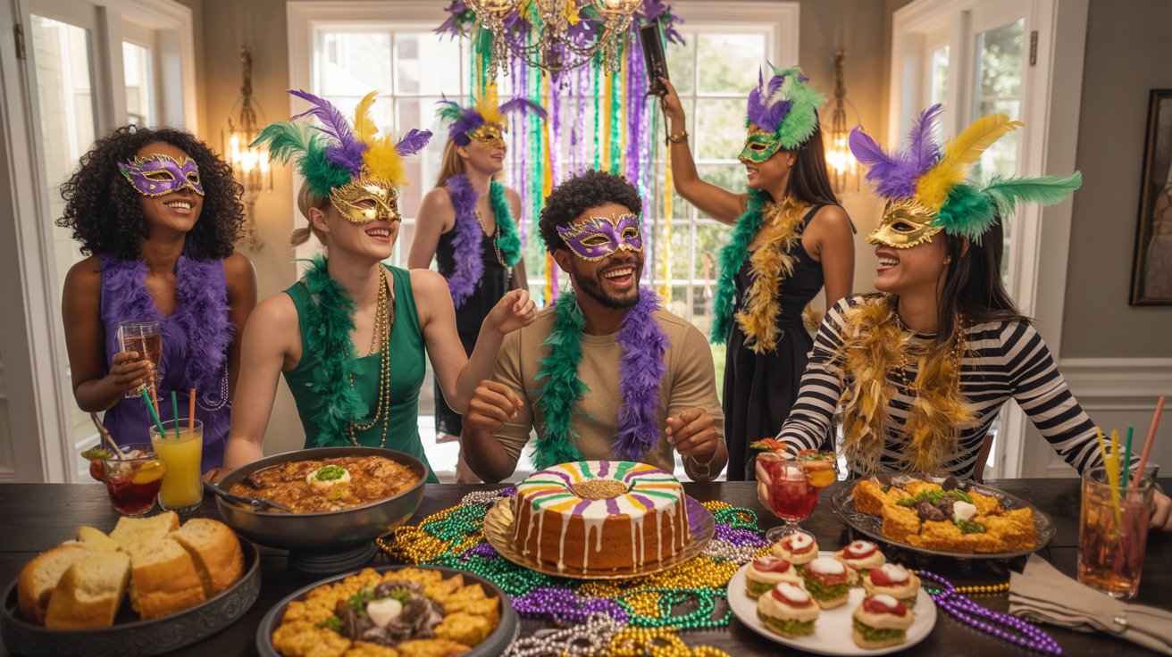 A group of friends celebrating a Mardi Gras party indoors, wearing colorful masks and bead necklaces while standing around a table filled with Mardi Gras food, desserts, and festive drinks in purple, green, and gold decor.