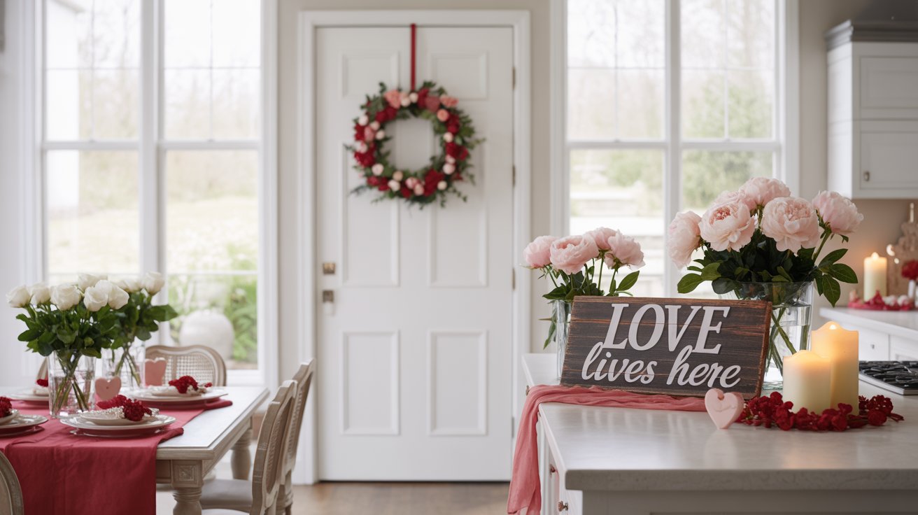Valentine’s Day home decor featuring festive red and pink accents, table decor, kitchen decorations, and heart-themed details throughout the home