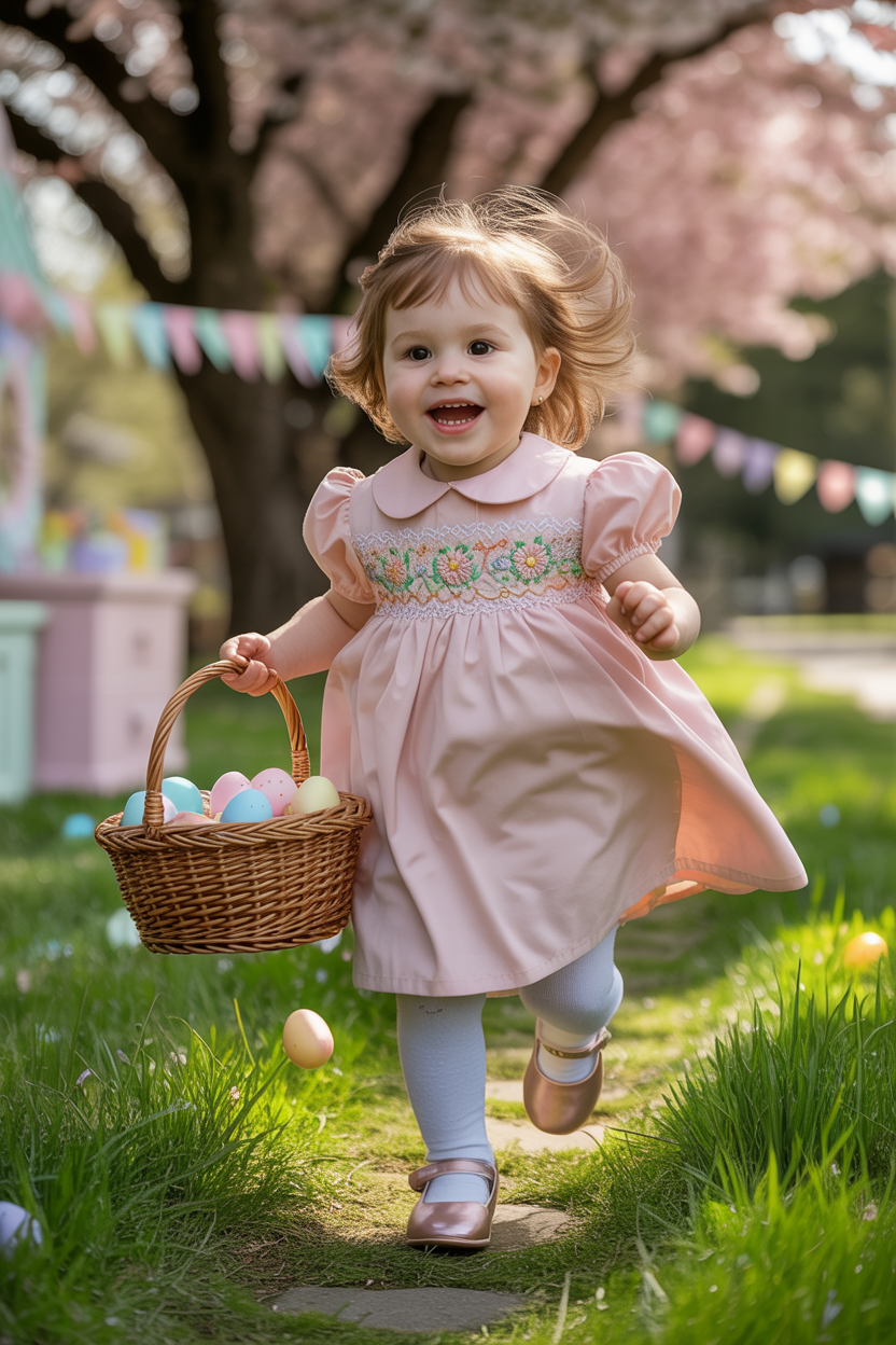 Smocked Easter dress toddler girl holding basket during spring egg hunt