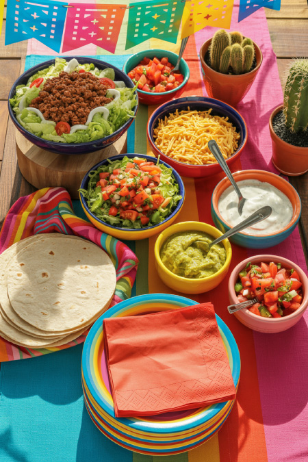 Cinco de Mayo taco bar setup with tortillas, seasoned meat, toppings, guacamole, salsa, and colorful fiesta decorations on a party table