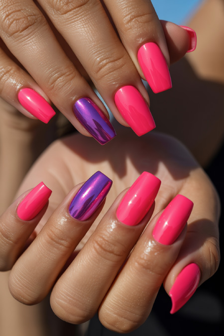 bright pink square nails with metallic purple accent nail