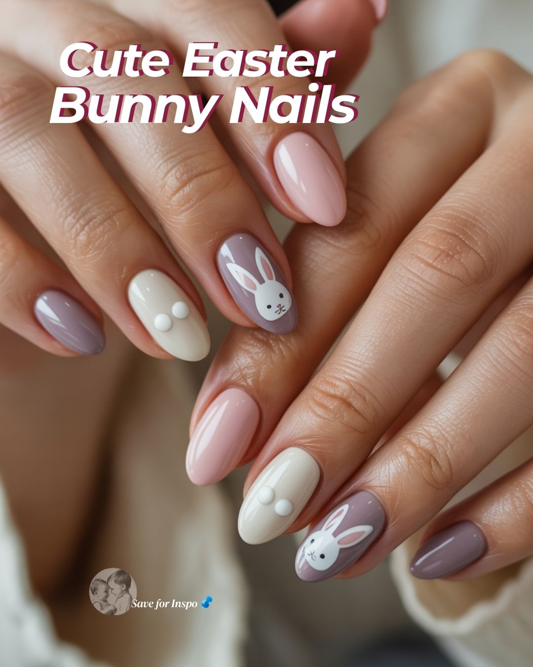 pastel Easter nails with cute bunny nail art and soft pink spring manicure