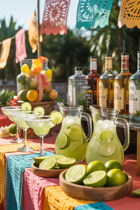 Cinco de Mayo margarita bar with glass pitchers, lime wedges, salted rims, and colorful fiesta decorations on a party table
