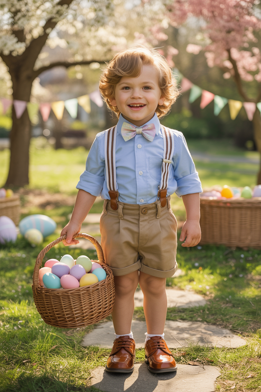 Little boy wearing suspenders and bow tie holding Easter basket