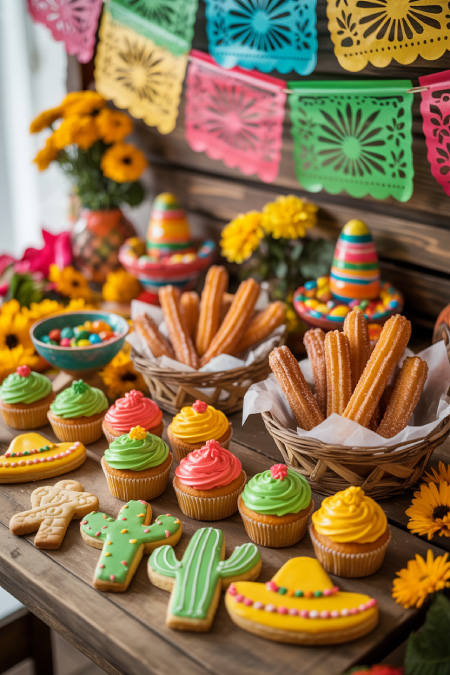 Cinco de Mayo dessert table with churros cupcakes cookies and colorful fiesta decorations