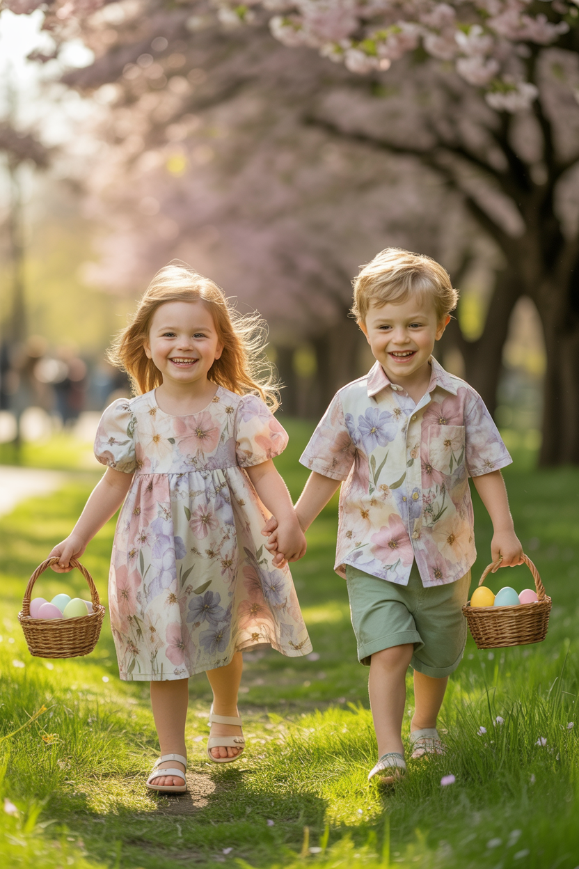 Brother and sister matching Easter outfits carrying baskets