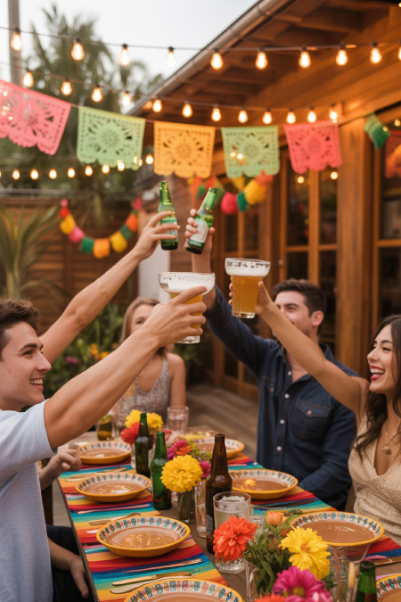 Cinco de Mayo patio party with colorful table settings string lights and fiesta decorations