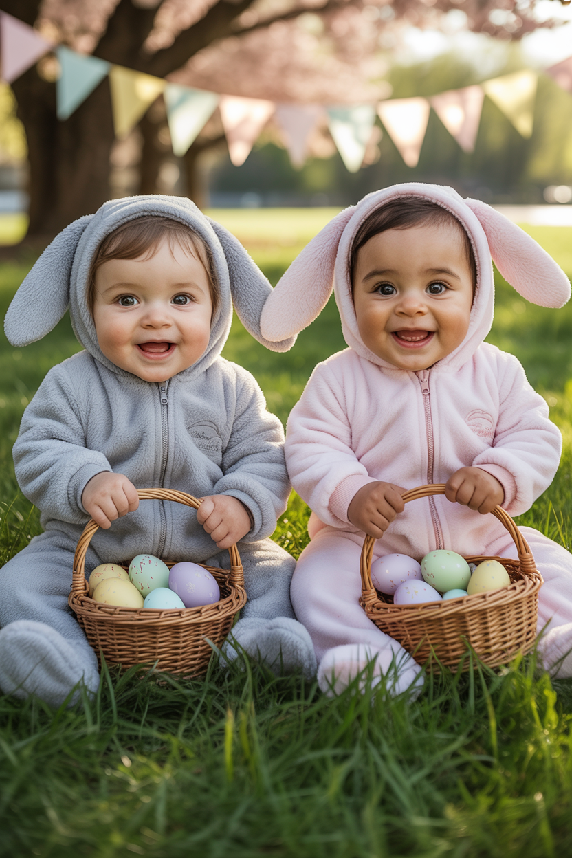 Baby wearing a bunny fleece romper while holding an Easter basket during a spring egg hunt showing Easter outfit ideas for families.