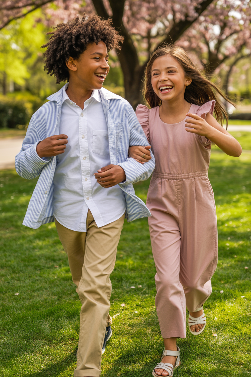 Tween kids wearing casual spring outfits during Easter egg hunt showing Easter outfit ideas for families