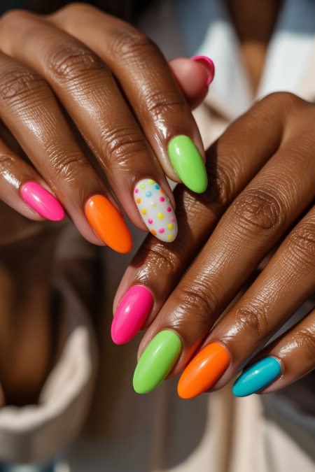 bright neon easter nails with pink orange green spring manicure