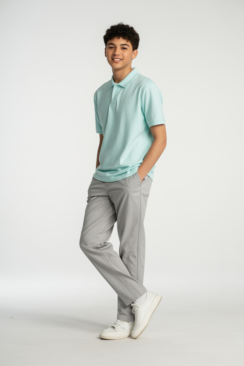 Teen boy wearing pastel polo shirt and spring pants during Easter showing Easter outfit ideas for families.