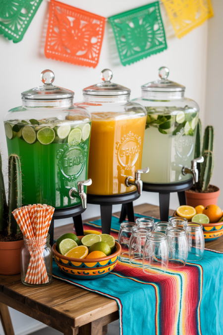 Cinco de Mayo drink station with colorful beverages citrus slices and party decorations