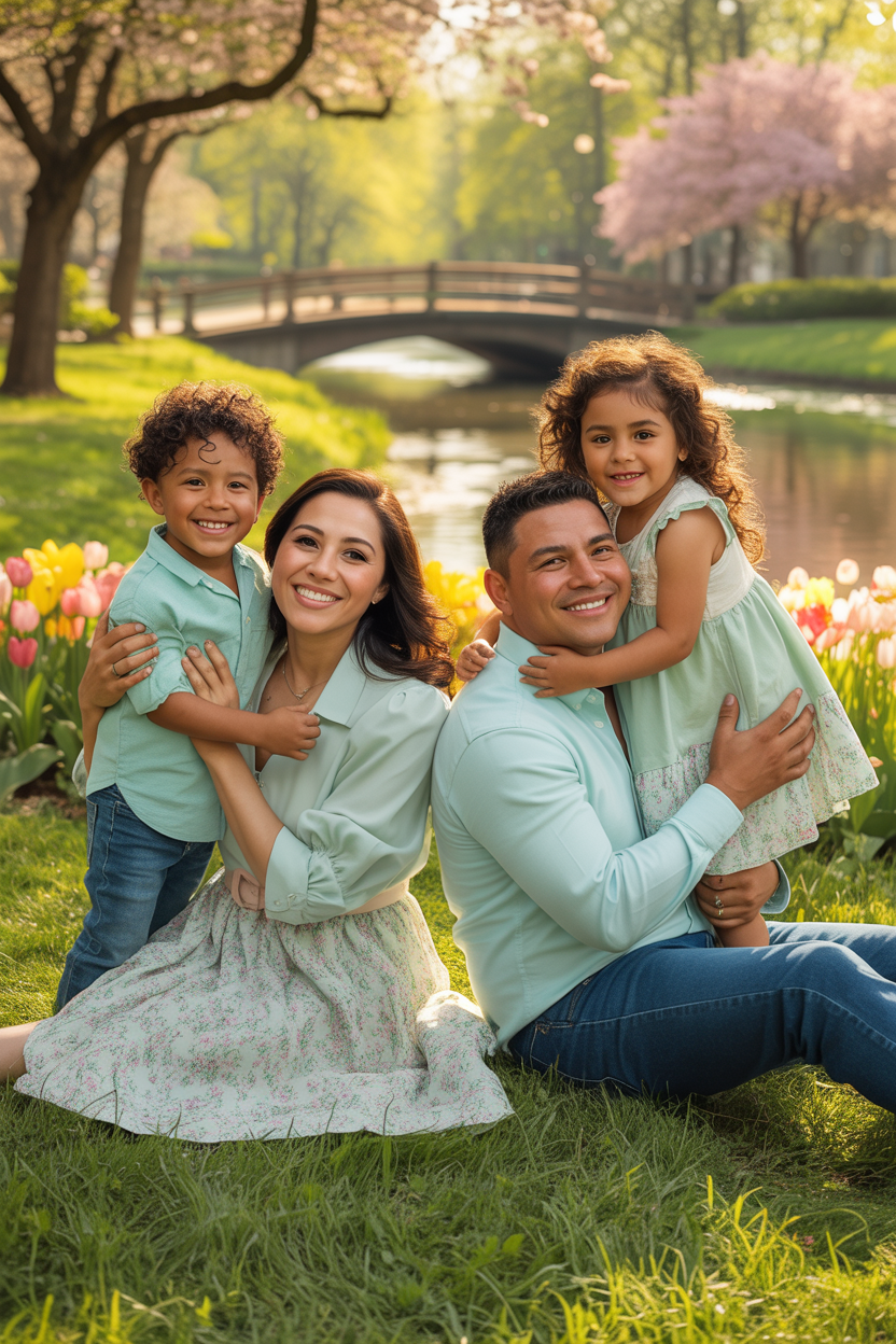 Hispanic Family wearing coordinated pastel outfits during spring Easter celebration showing Easter outfit ideas for families.