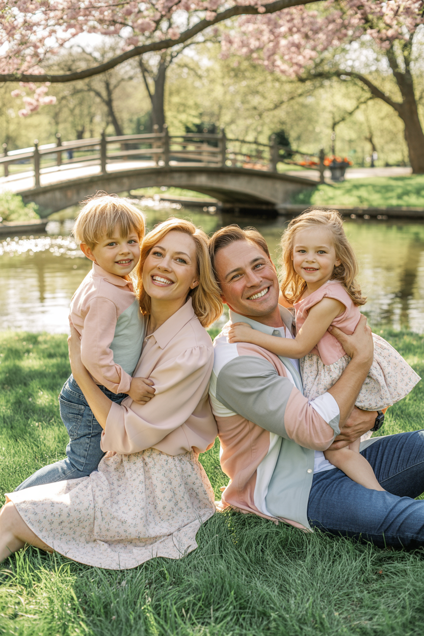 A Family of 4 wearing coordinated pastel outfits during spring Easter celebration showing Easter outfit ideas for families