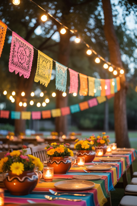 Cinco de Mayo outdoor party with string lights festive decorations and evening setup