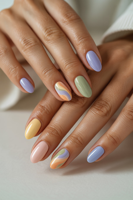 soft watercolor pastel swirl spring nail design