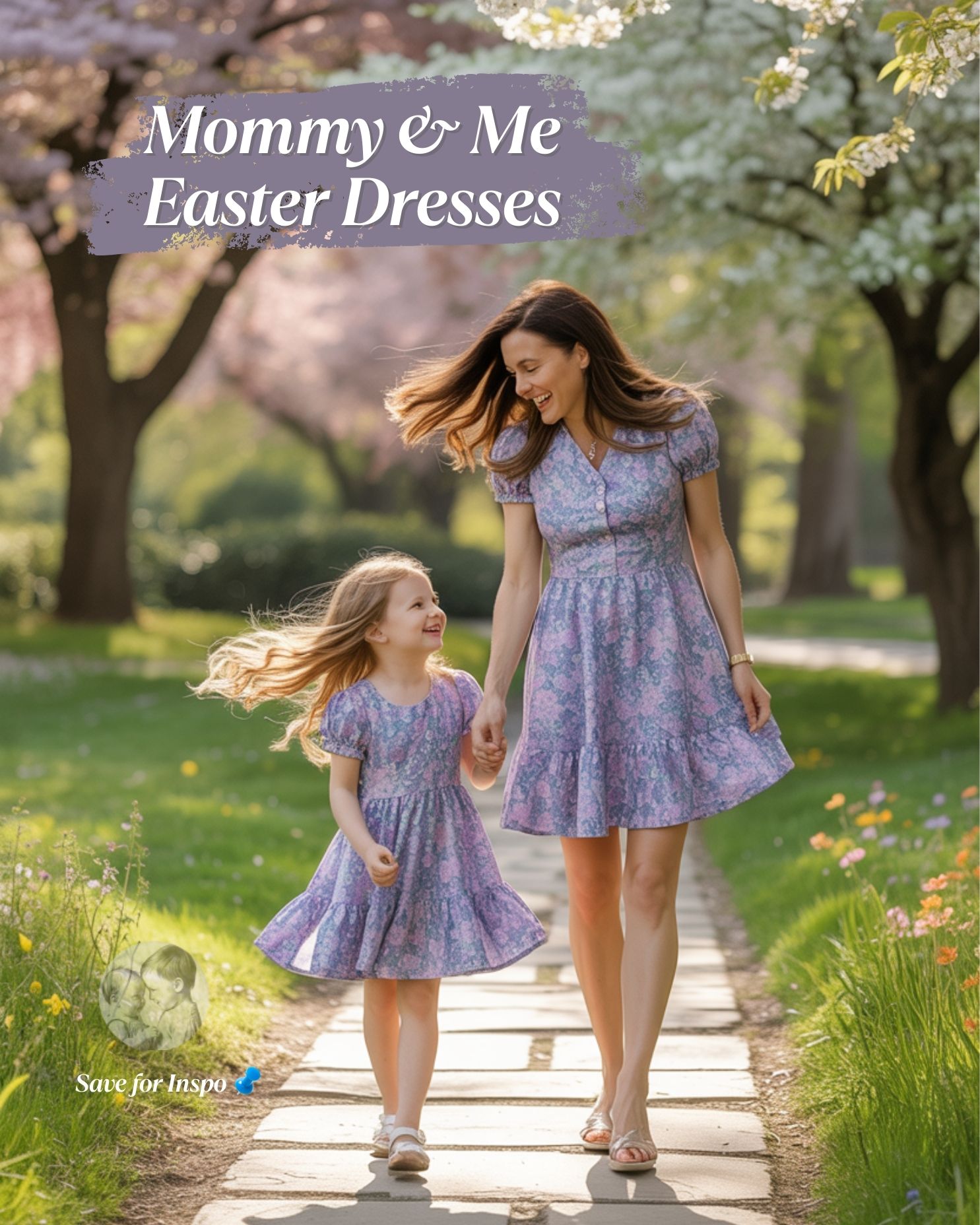 Mother and daughter wearing matching purple floral Easter dresses walking on a garden path showing Easter outfit ideas for families.