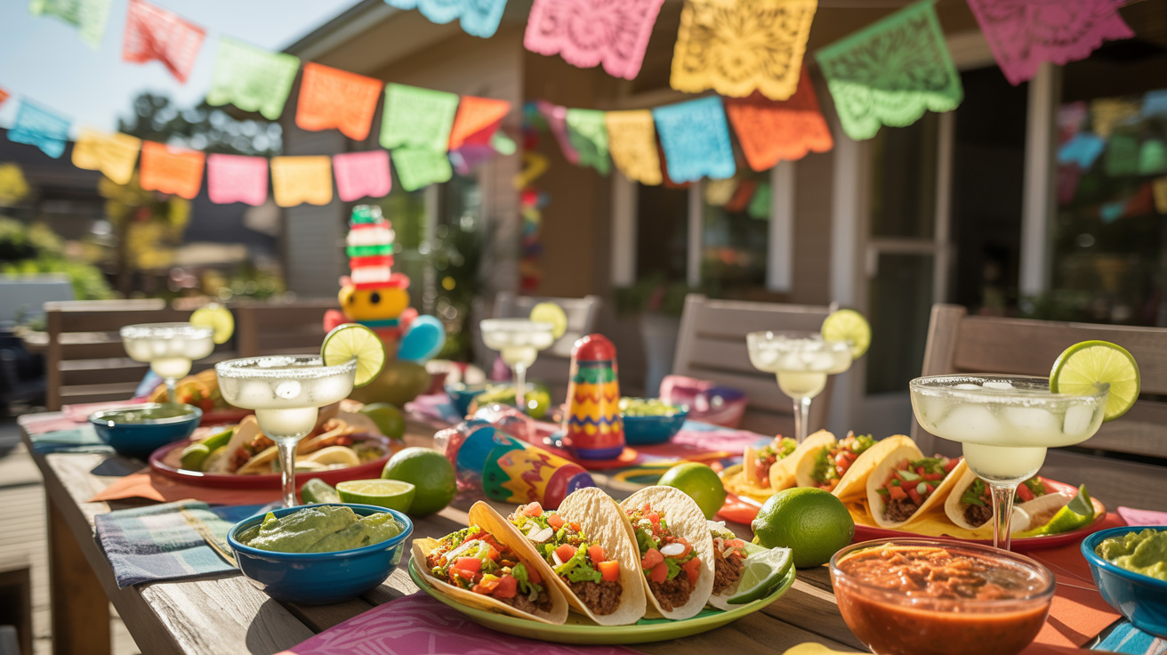 Cinco de Mayo taco bar setup with tortillas, seasoned meat, toppings, guacamole, salsa, and colorful fiesta decorations on a party table