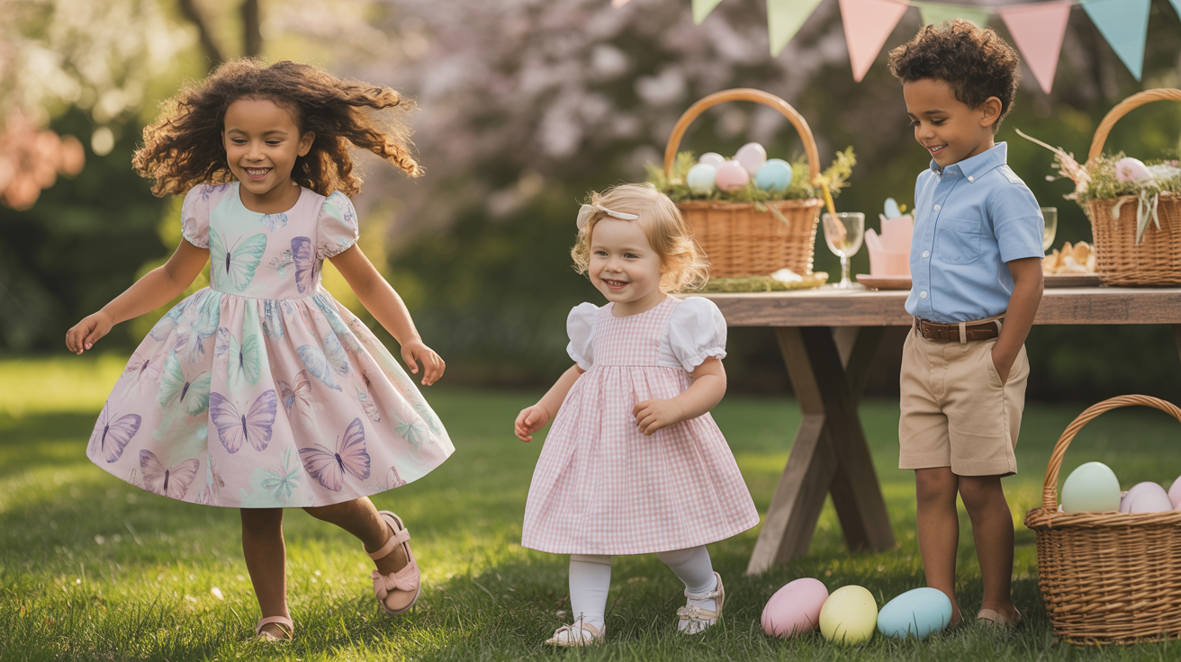 Families and children wearing pastel spring clothing during an Easter egg hunt in a park showing Easter outfit ideas for families.