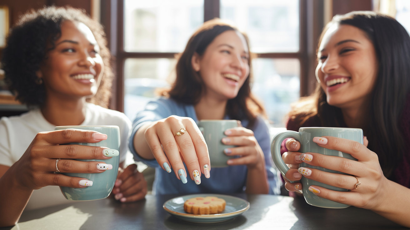 Three diverse women sitting at a café table holding coffee mugs and showing pastel spring manicures inspired by Easter nail ideas while sharing cookies