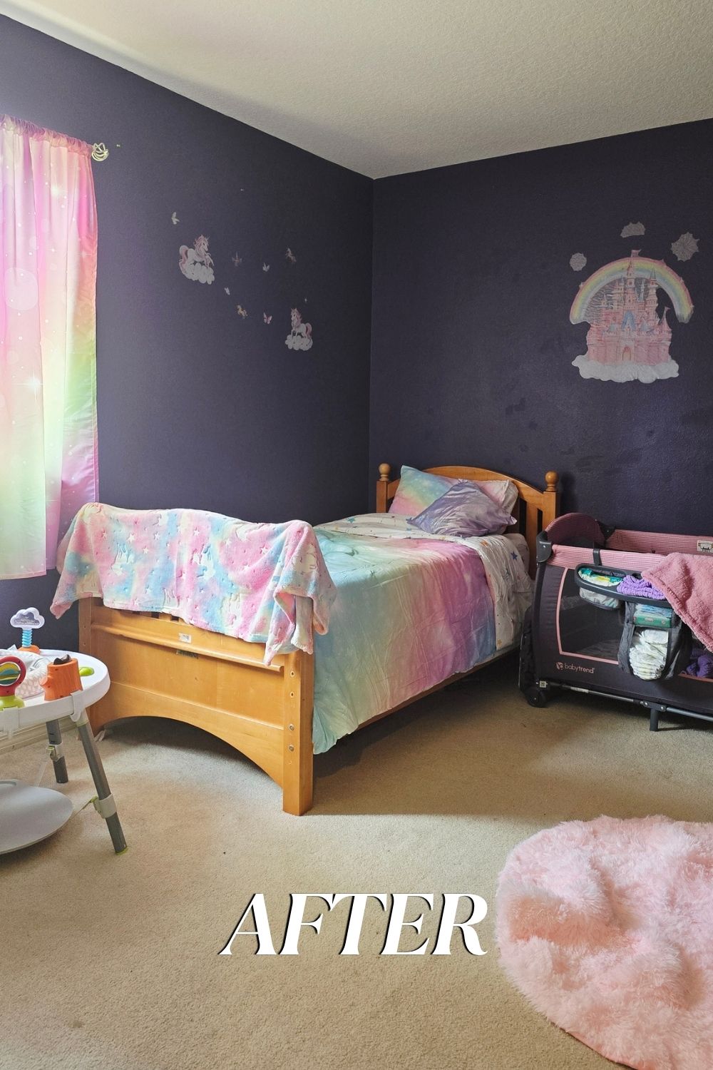 Before and after girls room makeover showing messy teenage bedroom transformed into a colorful cozy space for granddaughters