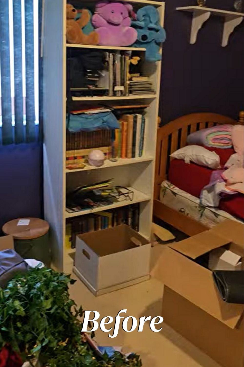 The starting point of this girls room makeover—a cluttered space with dark walls, mismatched furniture, and plenty of room for improvement