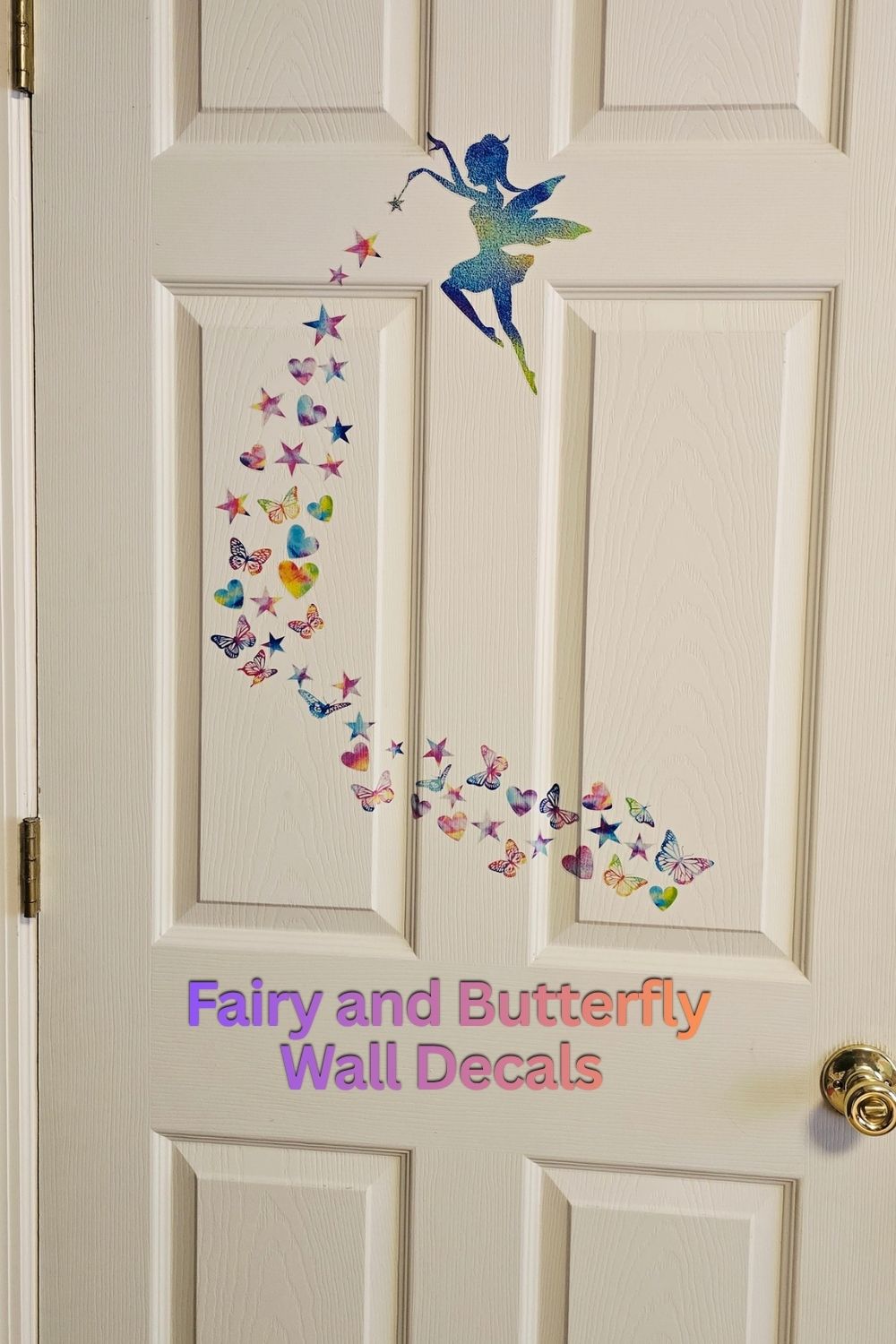 Fairy heart and star and butterfly wall decals on white closet doors in girls room makeover with colorful flowing design