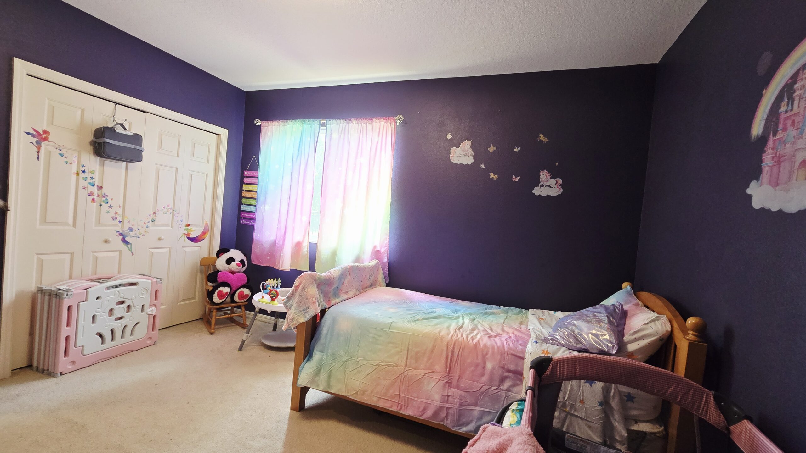 Before and after girls room makeover showing messy teenage bedroom transformed into a colorful cozy space for granddaughters