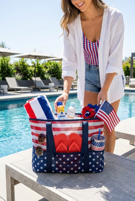 Patriotic beach bag filled with towel, sunscreen, sandals, tumbler, and American flag next to pool with woman in summer outfit preparing for 4th of July