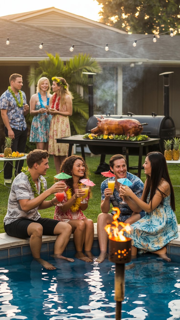 Adult summer party ideas with a backyard luau featuring tiki torches 