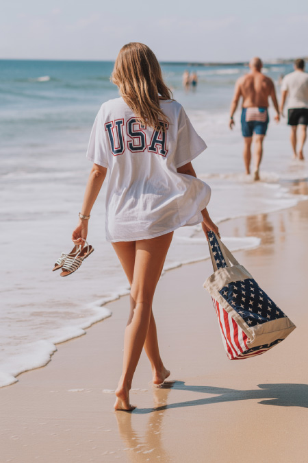 Woman wearing oversized USA t-shirt walking on the beach holding sandals and a patriotic tote bag on a summer day