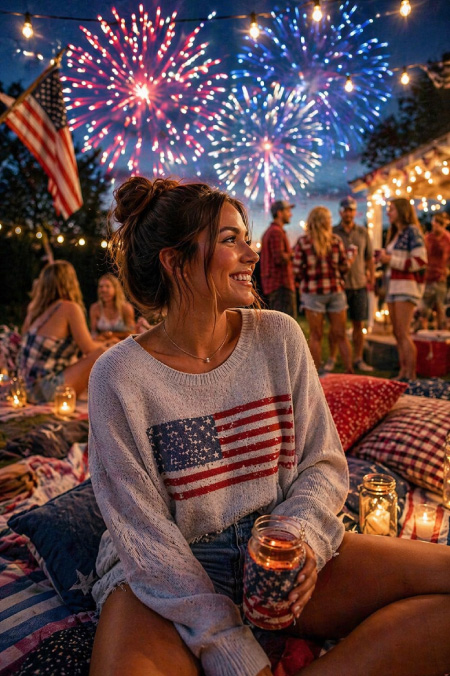 Woman wearing patriotic sweater sitting on blanket at outdoor 4th of July party with fireworks, string lights, and cozy backyard setup