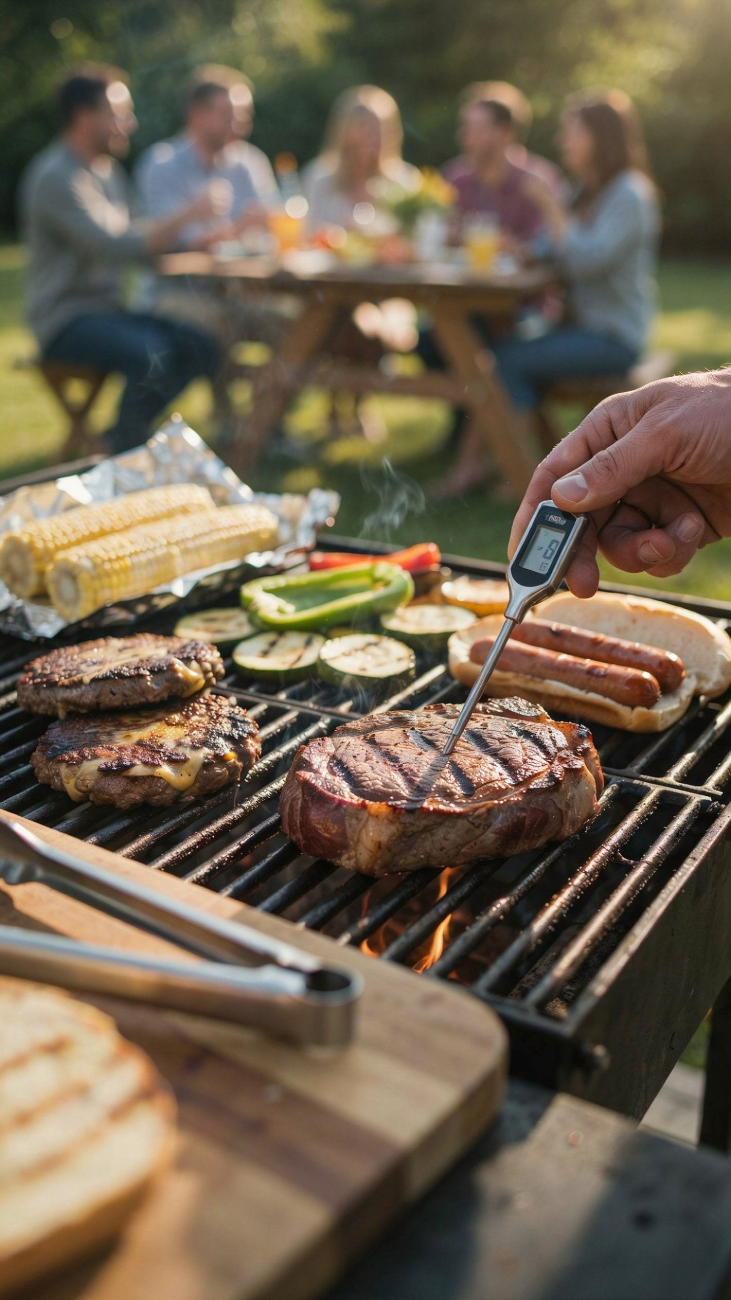 Summer backyard essentials featuring a digital meat thermometer checking a grilled steak while burgers, hot dogs, and vegetables cook during a backyard barbecue