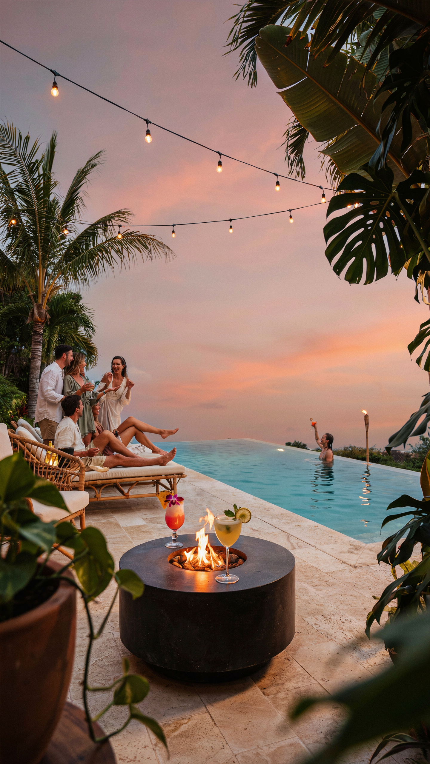 Guests relaxing beside an infinity pool at sunset with tropical cocktails, string lights, tiki torches, lounge seating, and a fire pit creating a tropical evening party atmosphere