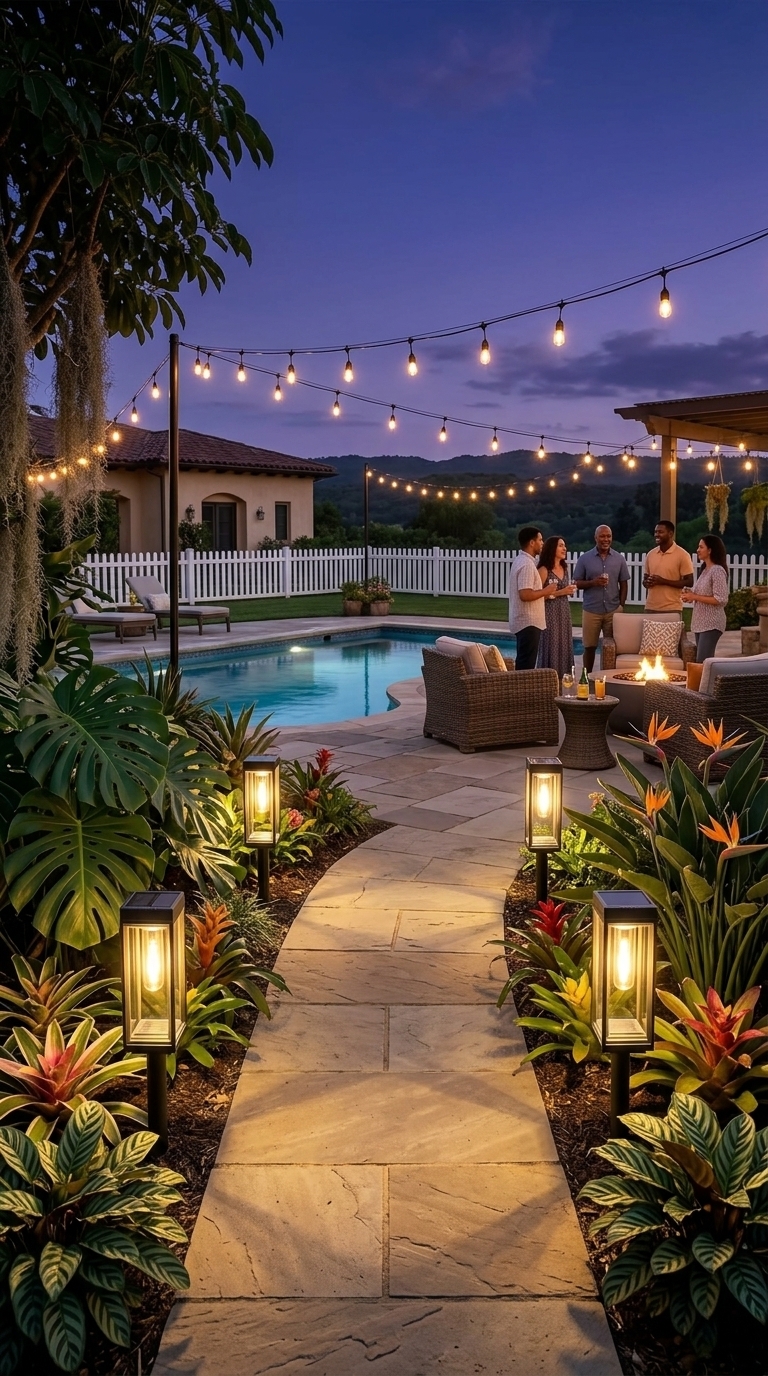 Solar pathway lights illuminating a backyard walkway leading to a patio and pool area at sunset
