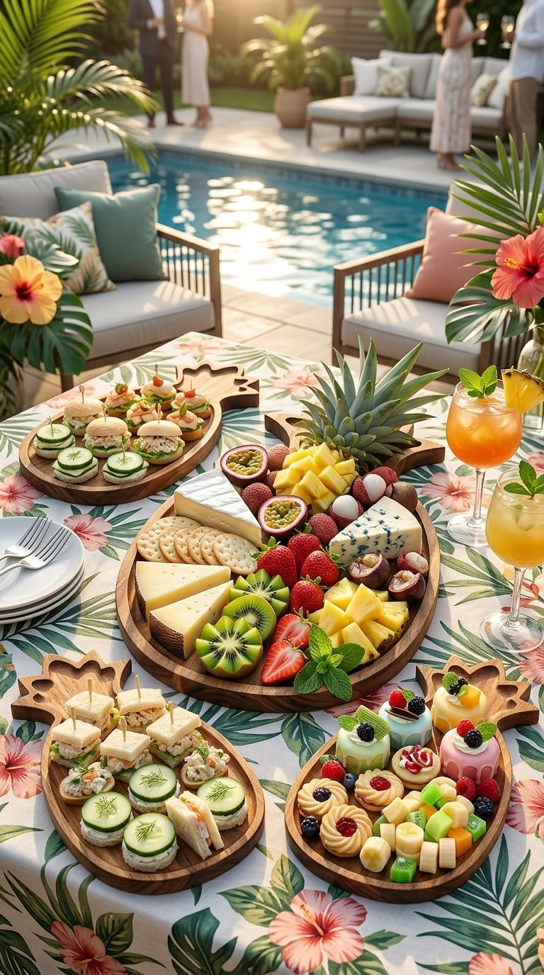 Pineapple-shaped wooden charcuterie boards displaying fruit, cheese, finger sandwiches, desserts, appetizers, and tropical drinks beside a swimming pool