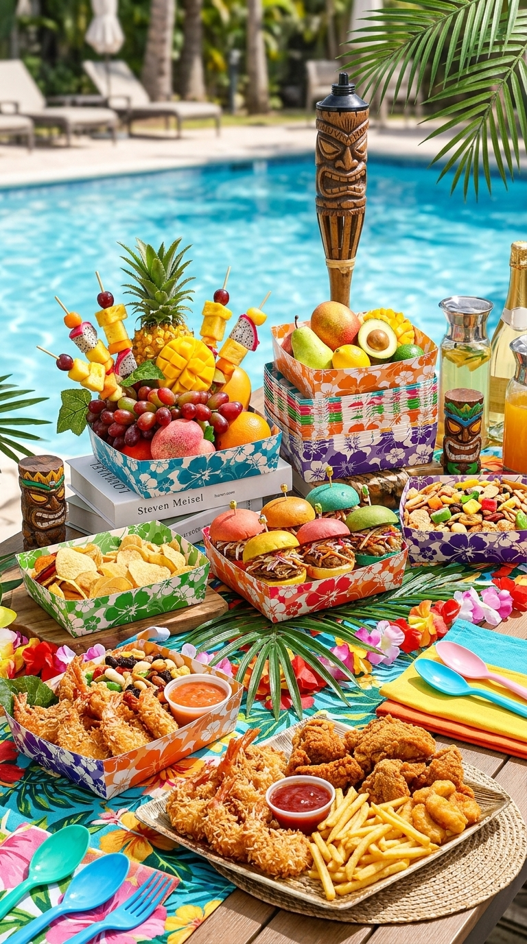 Colorful luau food boats filled with tropical fruit, sliders, chips, seafood, chicken tenders, fries, and party snacks displayed on a tropical poolside table with tiki decorations