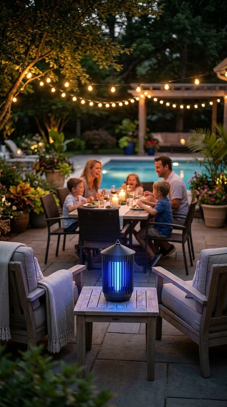 Outdoor UV flying insect trap glowing blue beside a backyard patio during a summer evening gathering.